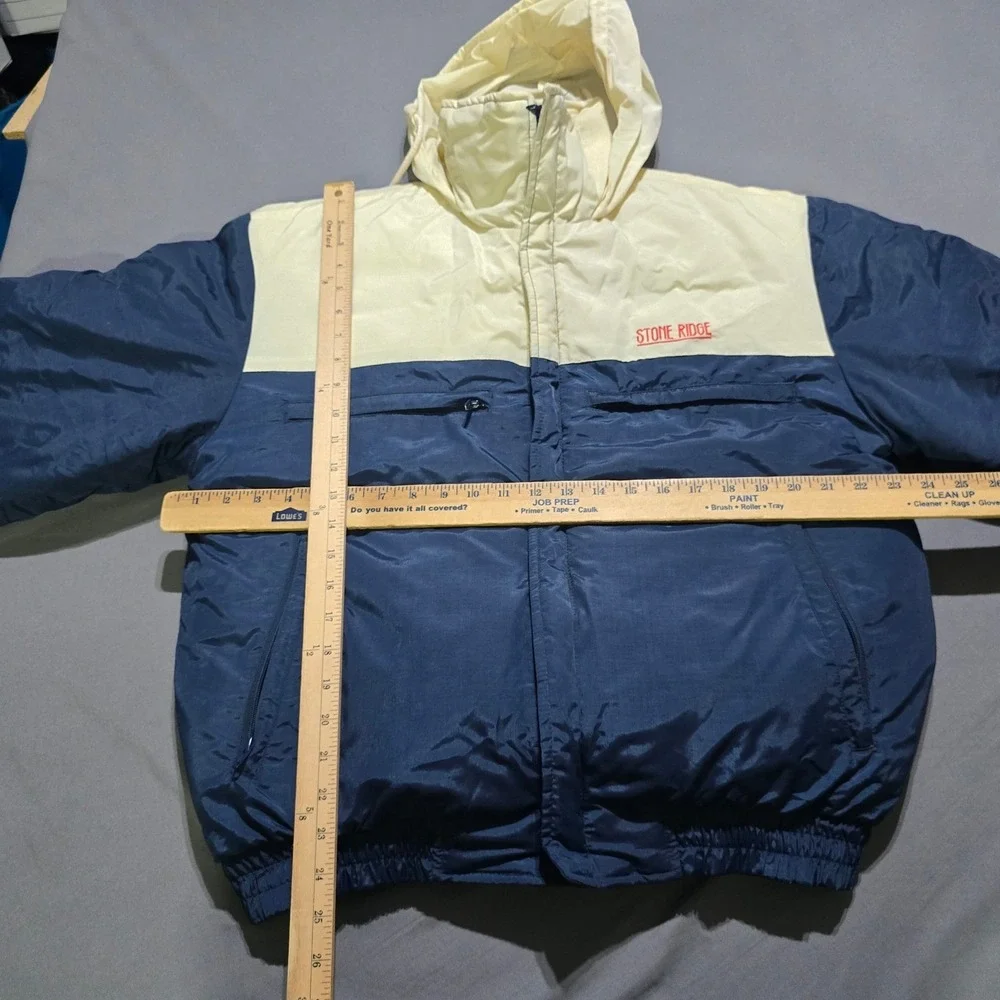 Stone Ridge Puffer Jacket Mens Medium Navy Cream Vintage Down Insulated Hooded